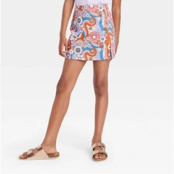 Art Class Floral Smiley Face Front Notch Skirt Girls Size S (6/6X) Black White - Picture 2 of 12